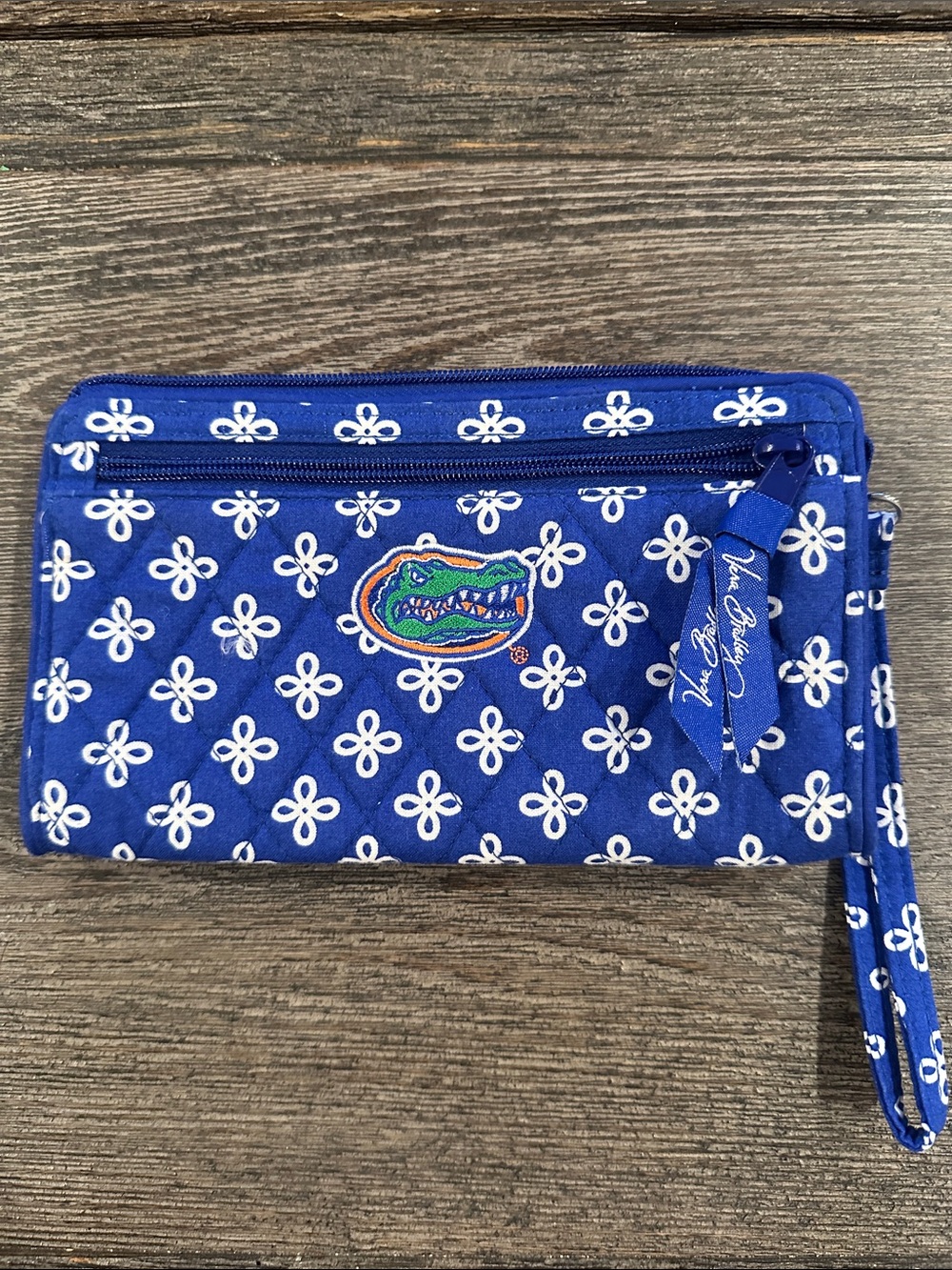 Vera Bradley Quilted Wristlet in Royal Blue with White Pattern and Gators Logo